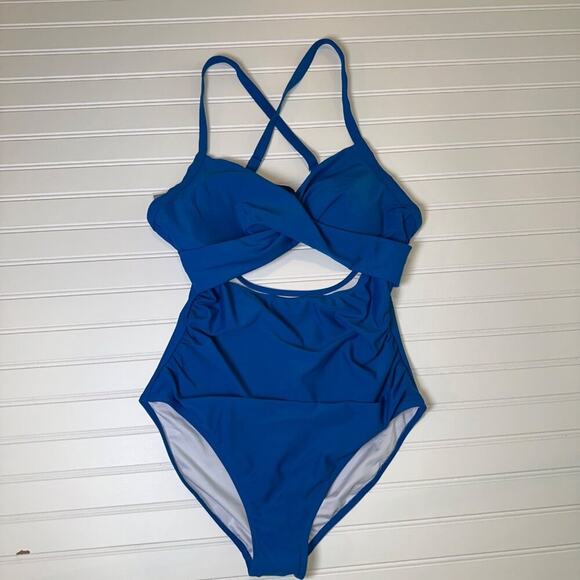 Eomenie Women’s Blue One Piece Swimsuit L Cutout Wrap Tie Back Tummy Control - Picture 1 of 5